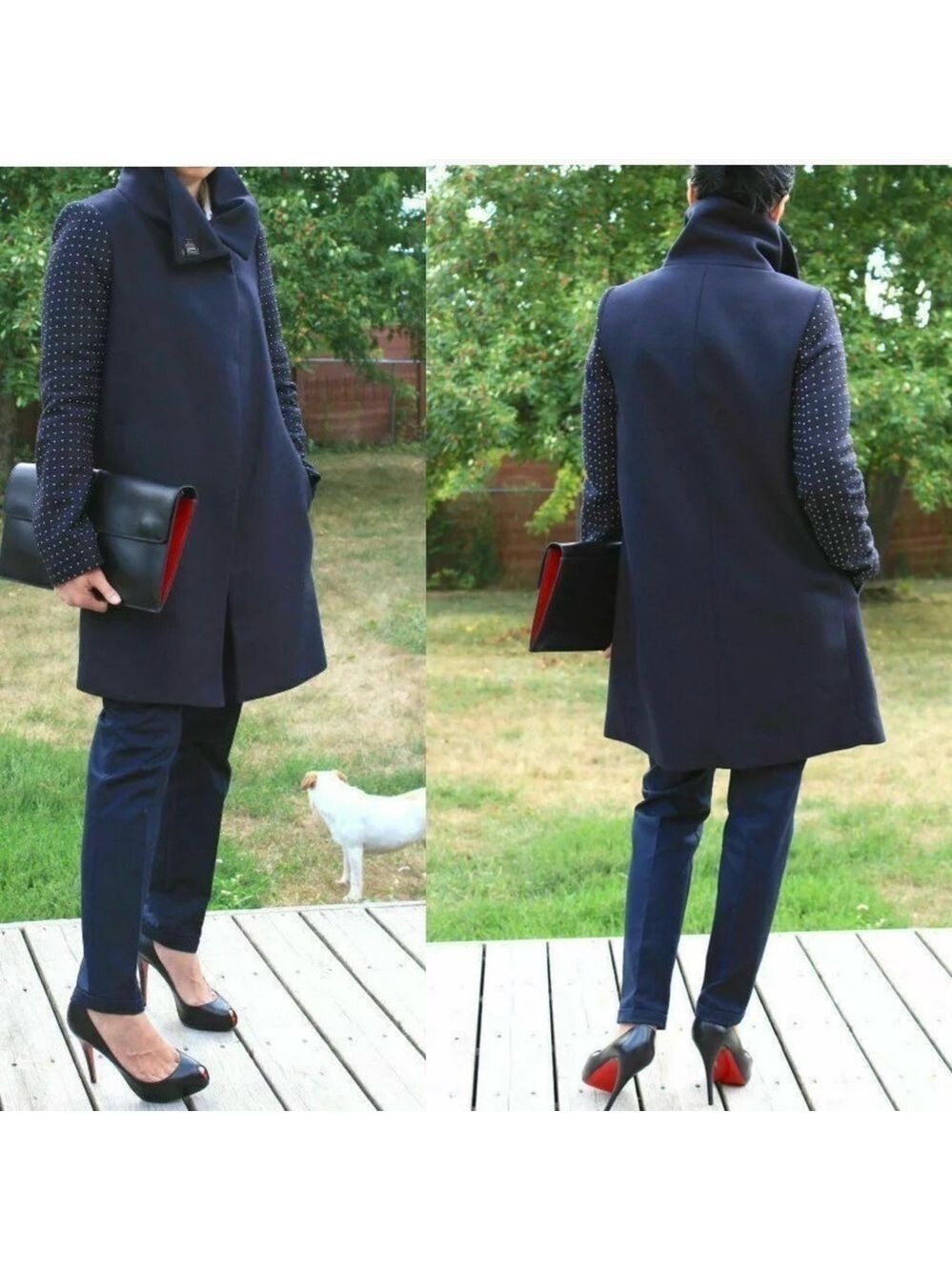 ZARA RARE COAT NAVY BLUE STUDDED APPLIQUE SLEEVE WOOL WINTER BLAZER JACKET Sz S